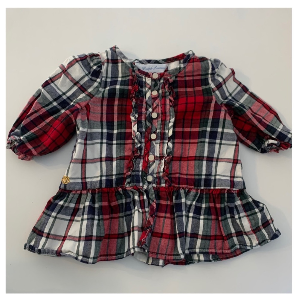 RALPH LAUREN Baby Plaid Peplum Ruffle Button Shirt